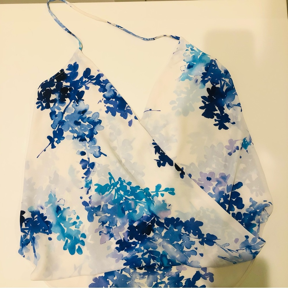 Blue floral wrap halter top